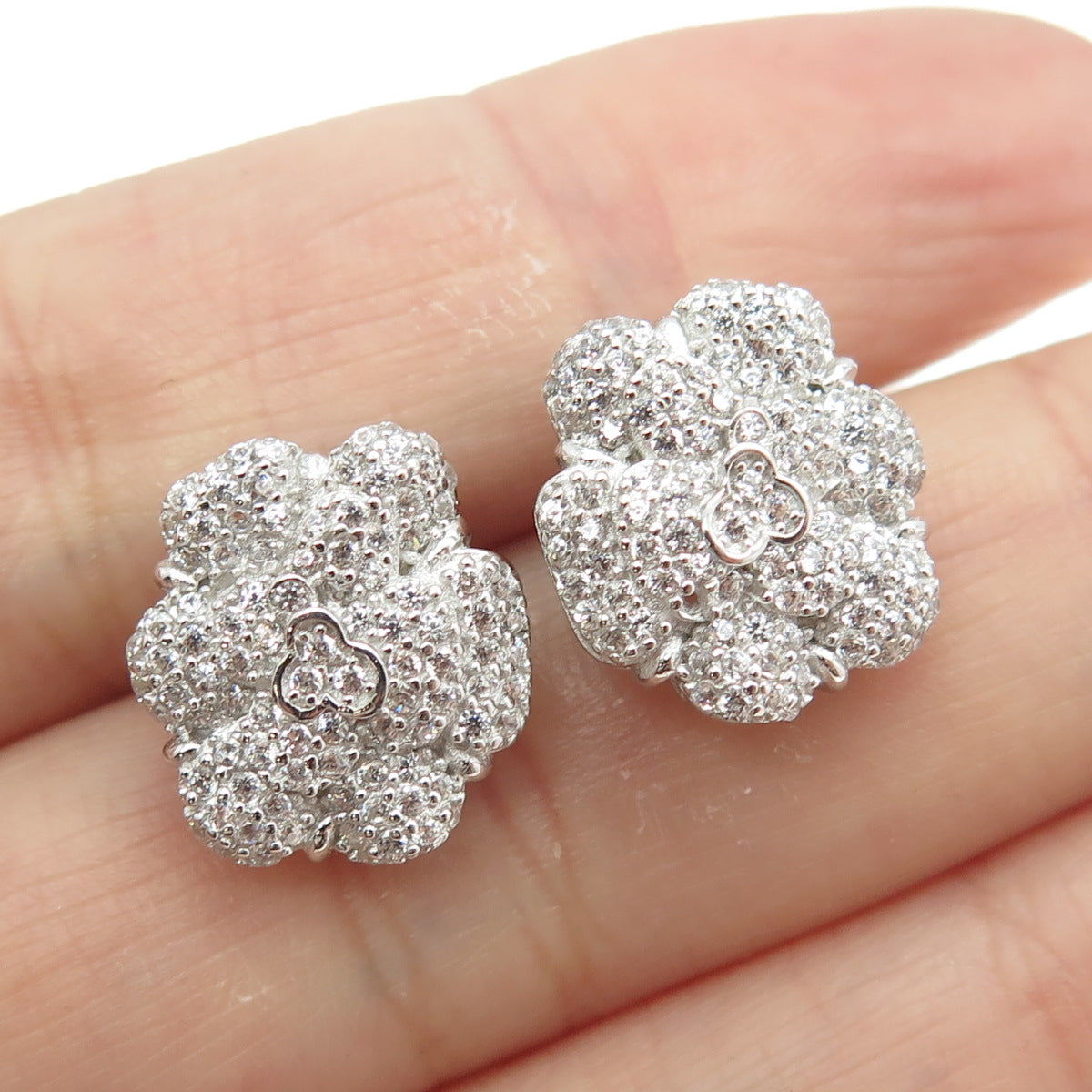 925 Sterling Silver Pave C Z Floral Stud Earrings