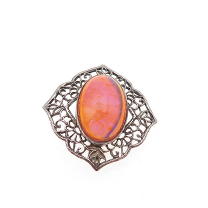 925 Sterling Silver Antique Art Deco Dragon Breath Opal Oxidized Pin Brooch