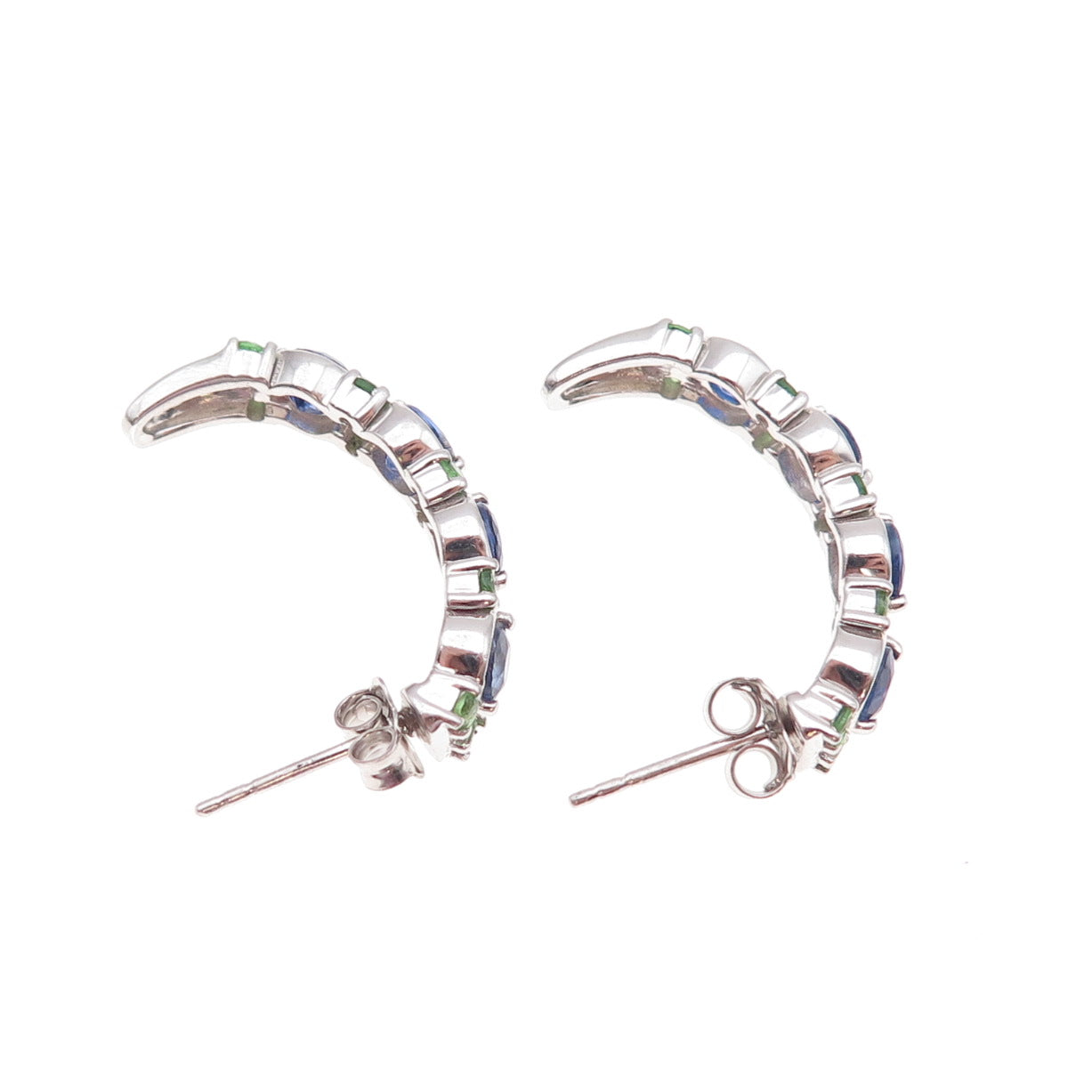 925 Sterling Silver Real Round-Cut Sapphire & Tsavorite Crescent Earrings