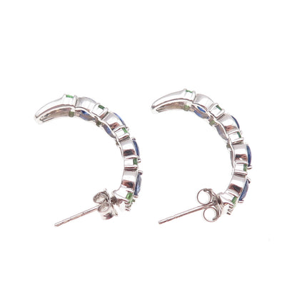 925 Sterling Silver Real Round-Cut Sapphire & Tsavorite Crescent Earrings