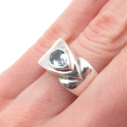 925 Sterling Silver Vintage OWB Real Blue Topaz Modernist Ring Size 5.5