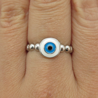 925 Sterling Silver Enamel Evil's Eye Beaded Ring Size 8