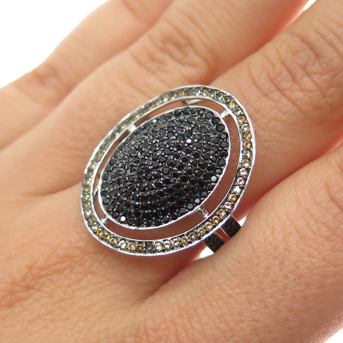 925 Sterling Silver Real Round-Cut Black Spinel & Citrine Ring Size 8.5