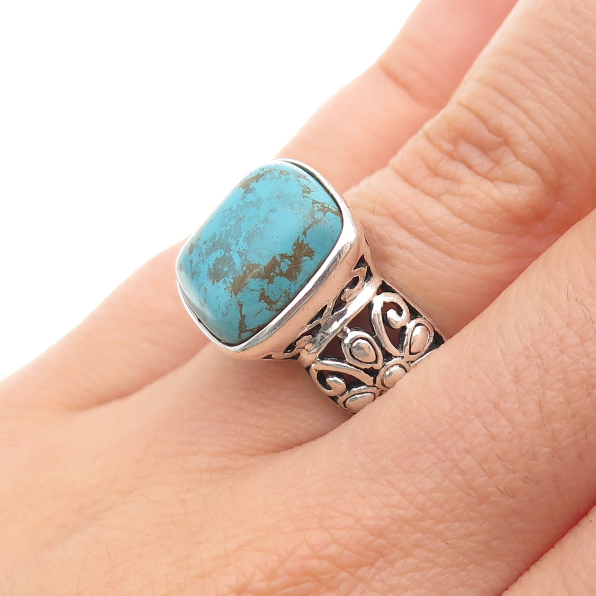 GSJ Gold Stone 925 Sterling Silver Vintage Real Tyrone Turquoise Ring Size 6.25