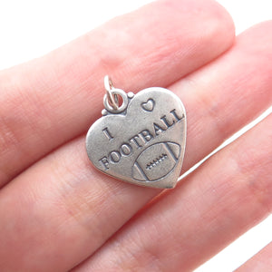 925 Sterling Silver Vintage I Love Football Heart Tag Minimalist Charm Pendant