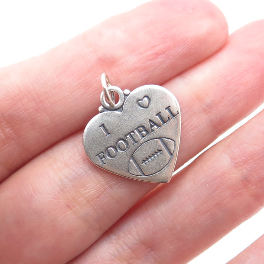 925 Sterling Silver Vintage I Love Football Heart Tag Minimalist Charm Pendant