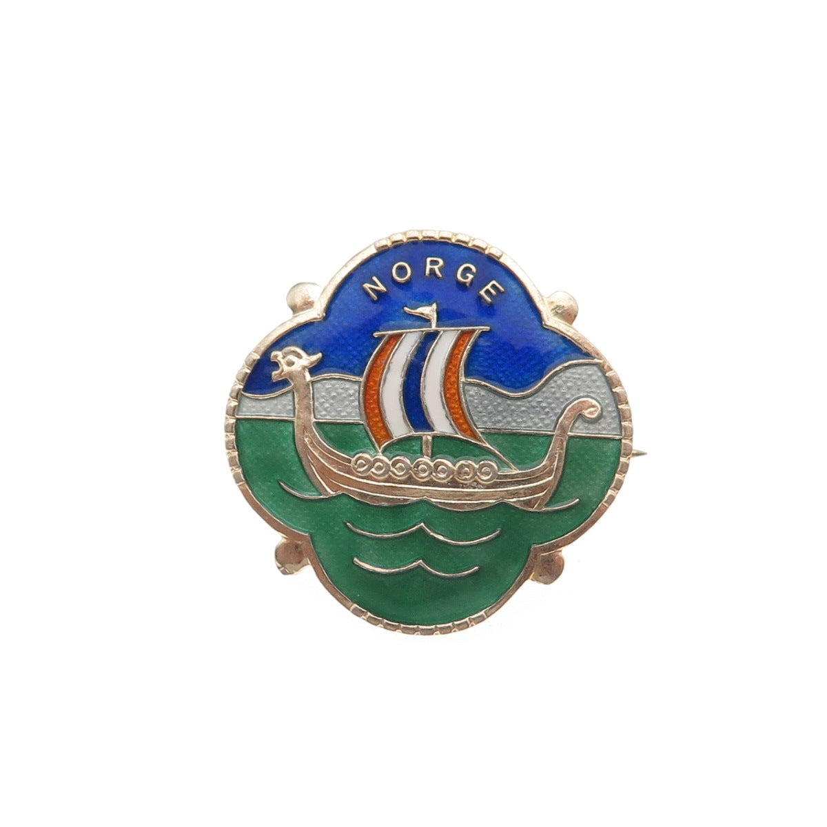 OF Hjortdahl 925S Sterling Gold Plated Vintage Norway Enamel Viking Ship Brooch