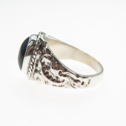 925 Sterling Silver Vintage Real Black Onyx Modernist Ring Size 12.75