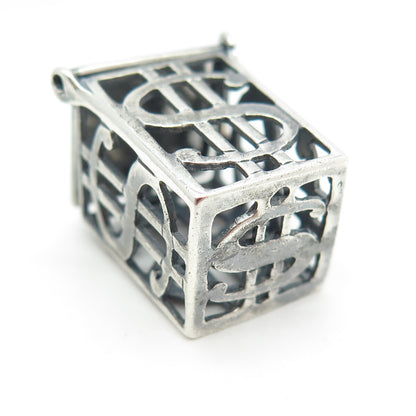 925 Sterling Silver Vintage Dollar Sign Box Locket 3D Pendant