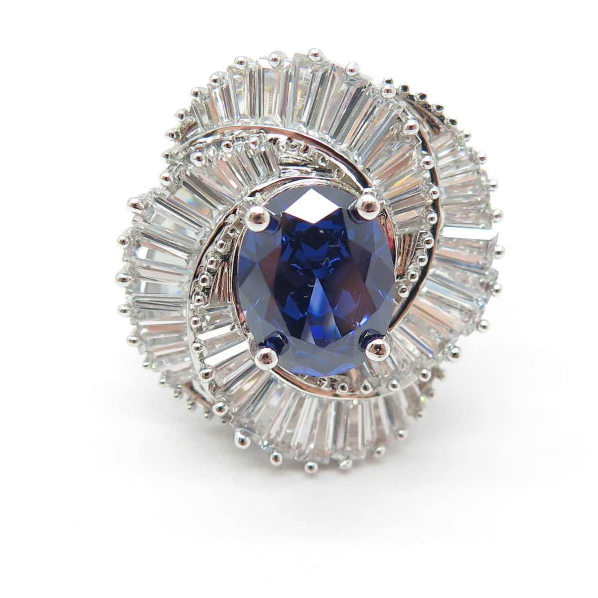 925 Sterling Silver Nano Sapphire Tapered Baguette-Cut Shaped C Z Ring Size 8.25