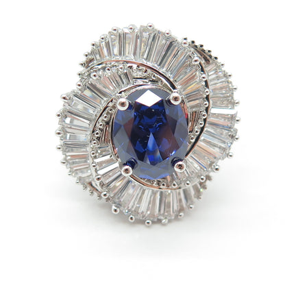 925 Sterling Silver Nano Sapphire Tapered Baguette-Cut Shaped C Z Ring Size 8.25