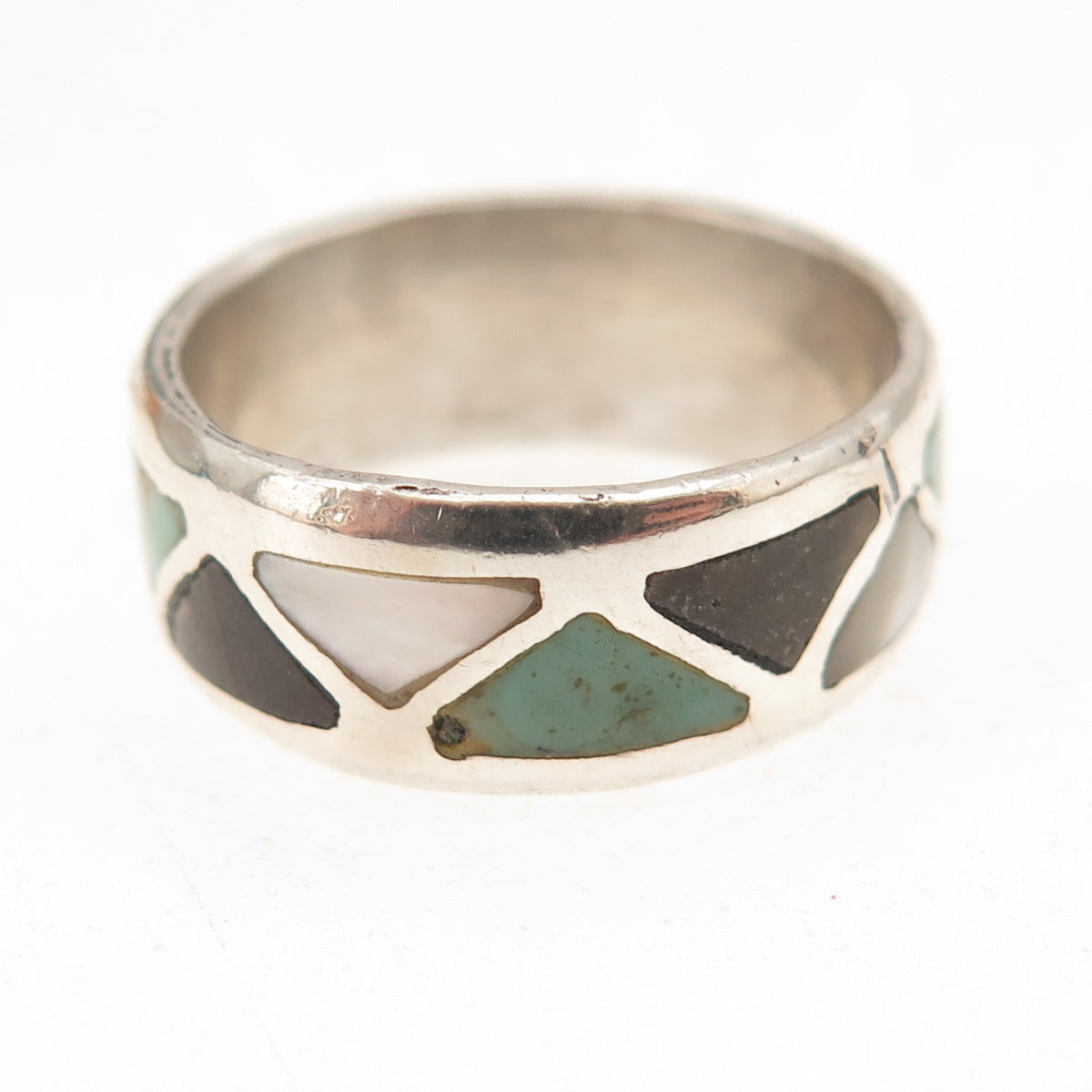 Old Pawn 925 Sterling Silver Vintage Turquoise Black Onyx MOP Tribal Ring Size 7