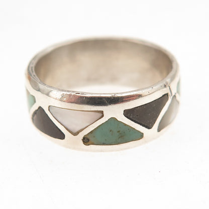 Old Pawn 925 Sterling Silver Vintage Turquoise Black Onyx MOP Tribal Ring Size 7