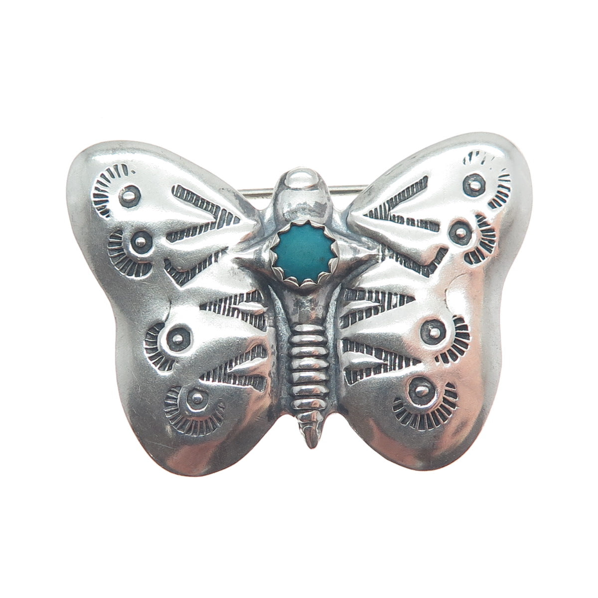 Old Pawn Sterling Silver Vintage Turquoise Butterfly Oxidized Tribal Pin Brooch