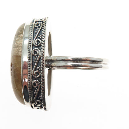 925 Sterling Silver Vintage Real Cabochon Rutilated Quartz Swirl Ring Size 9.5