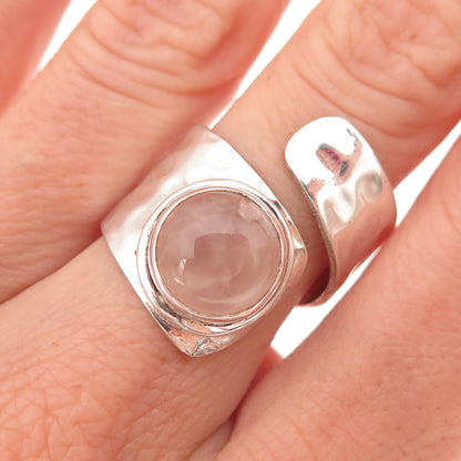 925 Sterling Silver Vintage Real Rose Quartz Modernist Adjustable Ring Size 7.25
