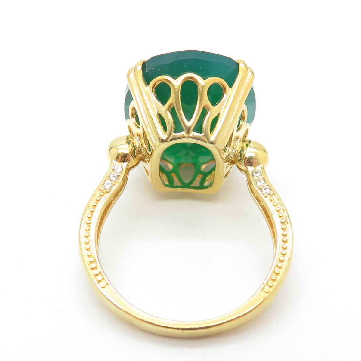 925 Sterling Silver Gold Plated Real Green Onyx Gemstone & C Z Ring Size 8