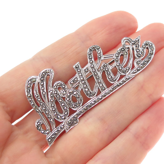 925 Sterling Silver Vintage Real Marcasite Mother Pin Brooch