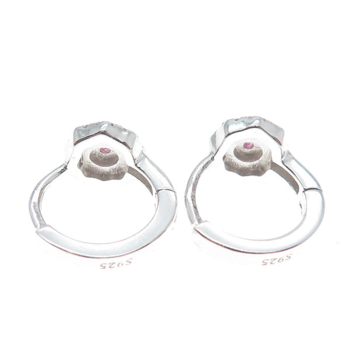 925 Sterling Silver Round-Cut Pink & White C Z Flower Hoop Earrings