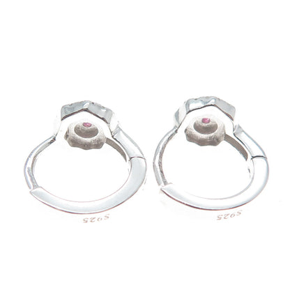 925 Sterling Silver Round-Cut Pink & White C Z Flower Hoop Earrings
