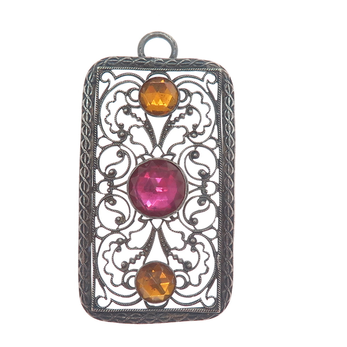 800 Silver Antique France Canary & Pink Rhinestone Filigree Oxidized Pendant