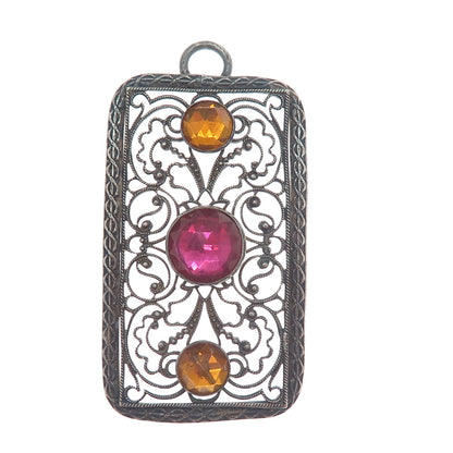 800 Silver Antique France Canary & Pink Rhinestone Filigree Oxidized Pendant