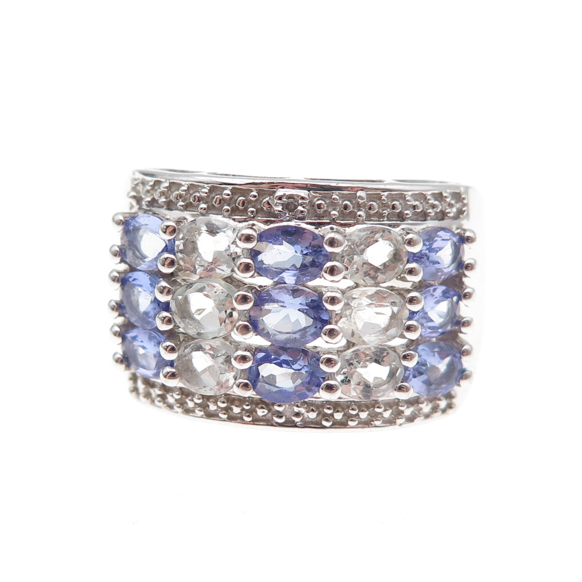 925 Sterling Silver Real Oval-Cut Tanzanite & White Topaz Cluster Ring Size 8