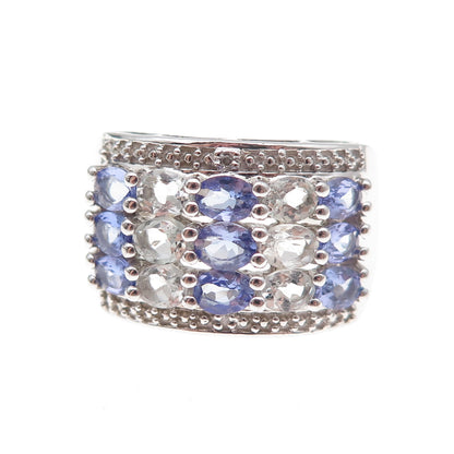 925 Sterling Silver Real Oval-Cut Tanzanite & White Topaz Cluster Ring Size 8