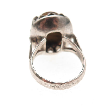 925 Sterling Silver Vintage Real Tiger Eye Modernist Oxidized Ring Size 6