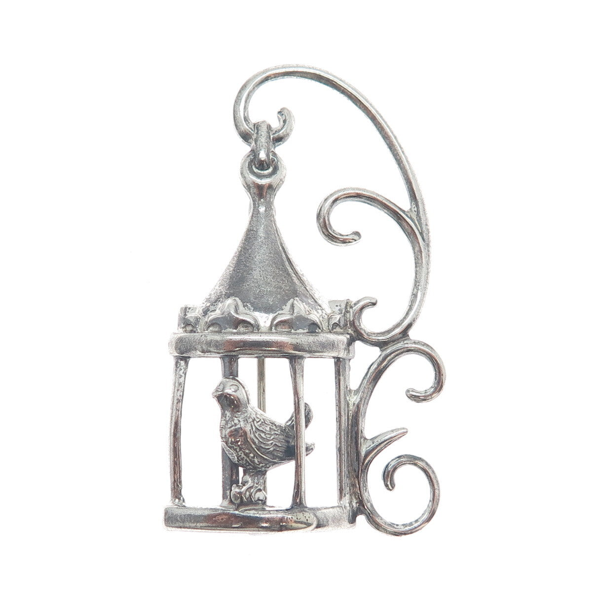 LANG Sterling Silver Antique Art Deco Bird Cage Fleur de Lis Oxidized Pin Brooch