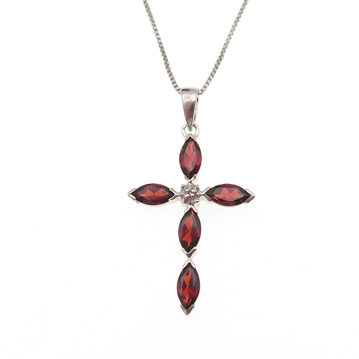925 Sterling Silver Real Diamond Accent Red Garnet Cross Box Chain Necklace 18"