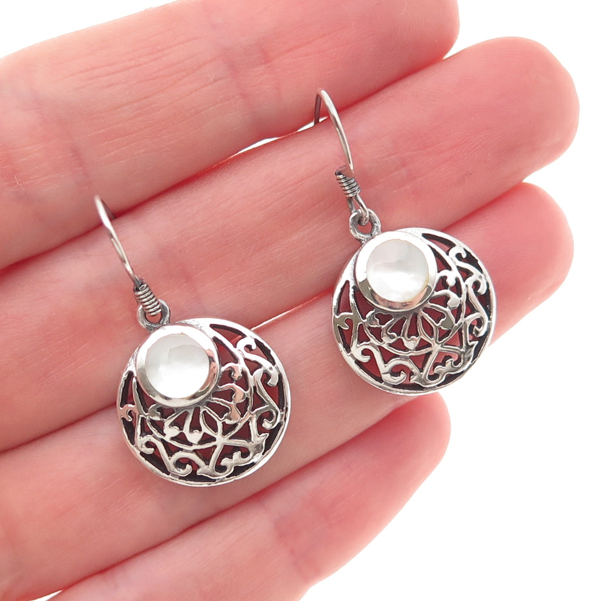 925 Sterling Silver Vintage Real MOP Floral Crescent Disc Dangle Earrings