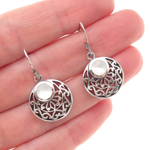 925 Sterling Silver Vintage Real MOP Floral Crescent Disc Dangle Earrings