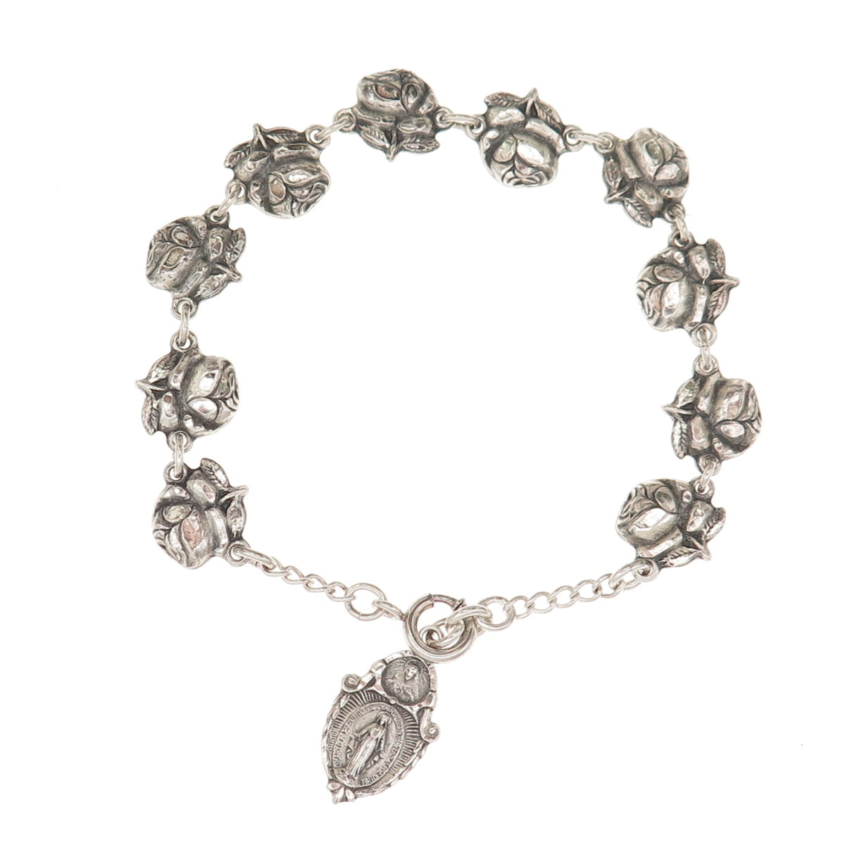 925 Sterling Silver Antique Art Deco Rose Catholic Saints Bracelet 7.5"