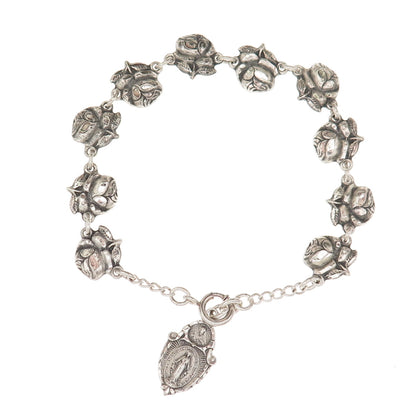 925 Sterling Silver Antique Art Deco Rose Catholic Saints Bracelet 7.5"