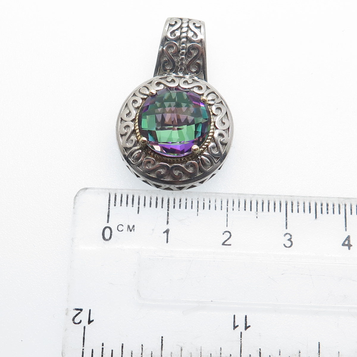 925 Sterling Silver & 14K Gold Real Round-Cut Mystic Topaz Ornate Pendant