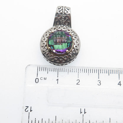 925 Sterling Silver & 14K Gold Real Round-Cut Mystic Topaz Ornate Pendant