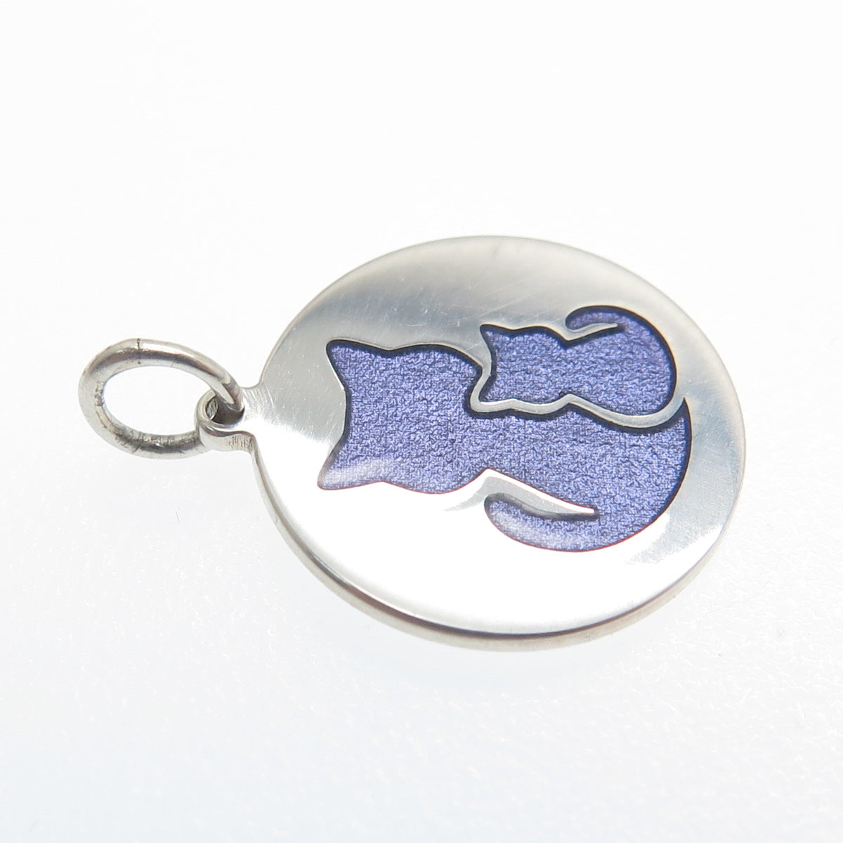 925 Sterling Silver Purple Enamel Cat Couple Round Tag Minimalist Charm Pendant