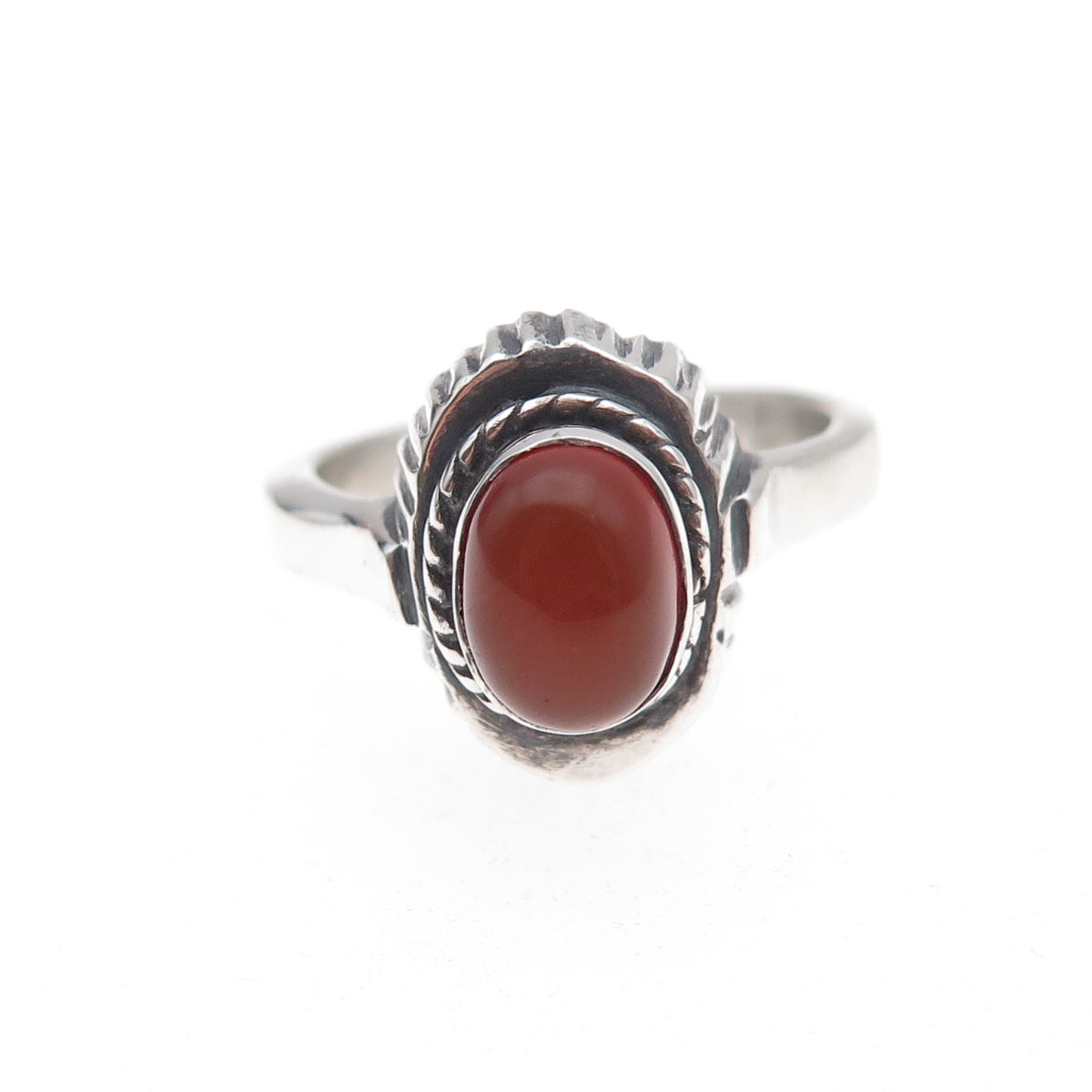 925 Sterling Silver Vintage Real Carnelian Modernist Oxidized Ring Size 7.5