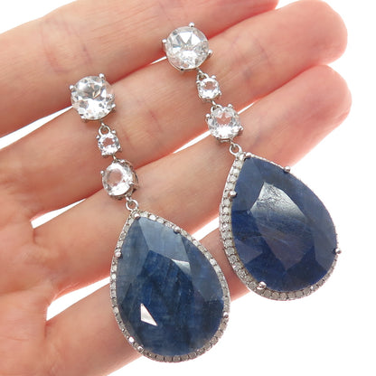 925 Sterling Silver Real Diamond White Topaz & Sapphire Dangle Earrings