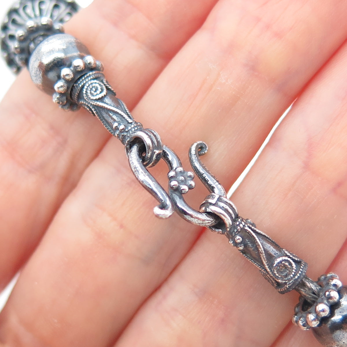 999 Fine Silver Vintage Oxidized Floral Beaded Chain Heavy 116.8g Necklace 20”