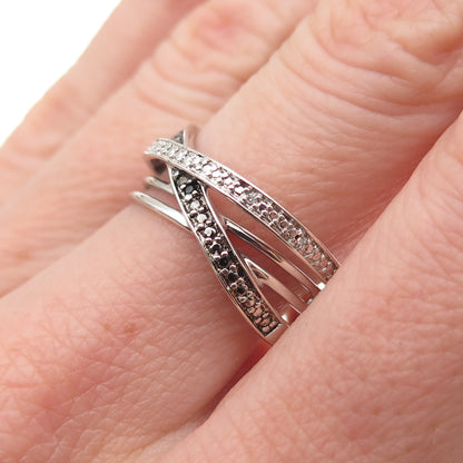 Sun 925 Sterling Silver Real Black & White Diamond Crisscross Ring Size 7