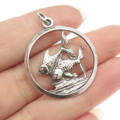 925 Sterling Silver Vintage 1989 Pisces Zodiac Sign Round Pendant