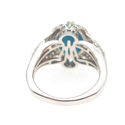925 Sterling 2-Tone Real Turquoise Pink Amethyst White Topaz Ring Size 8.25