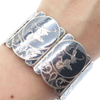 925 Sterling Silver Antique Siam Niello Hindu Goddess Panel Link Bracelet 7.25"