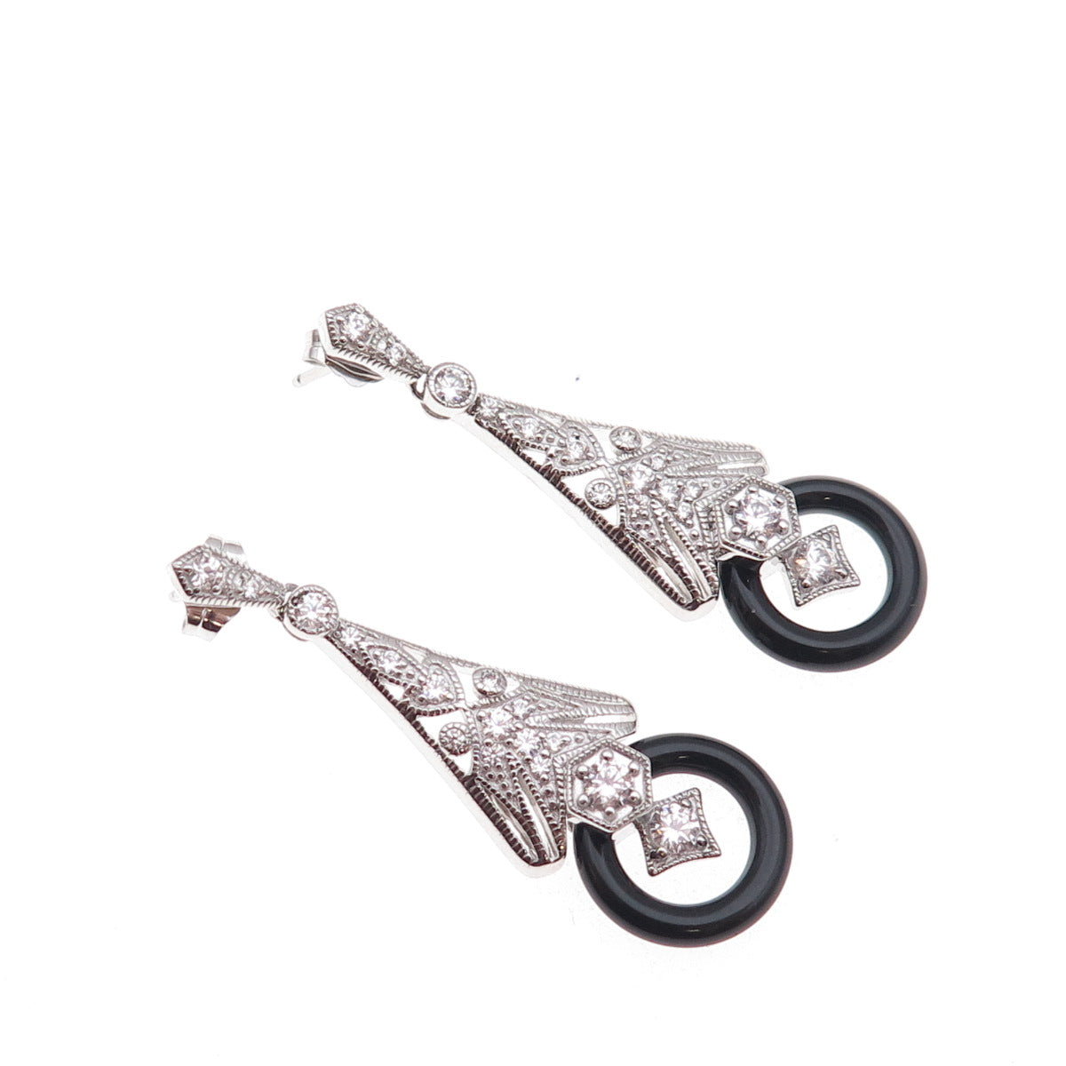 925 Sterling Silver Real Black Onyx & Round-Cut C Z Dangle Earrings