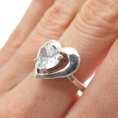 925 Sterling Silver Vintage Heart-Cut C Z Modernist Ring Size 7.25