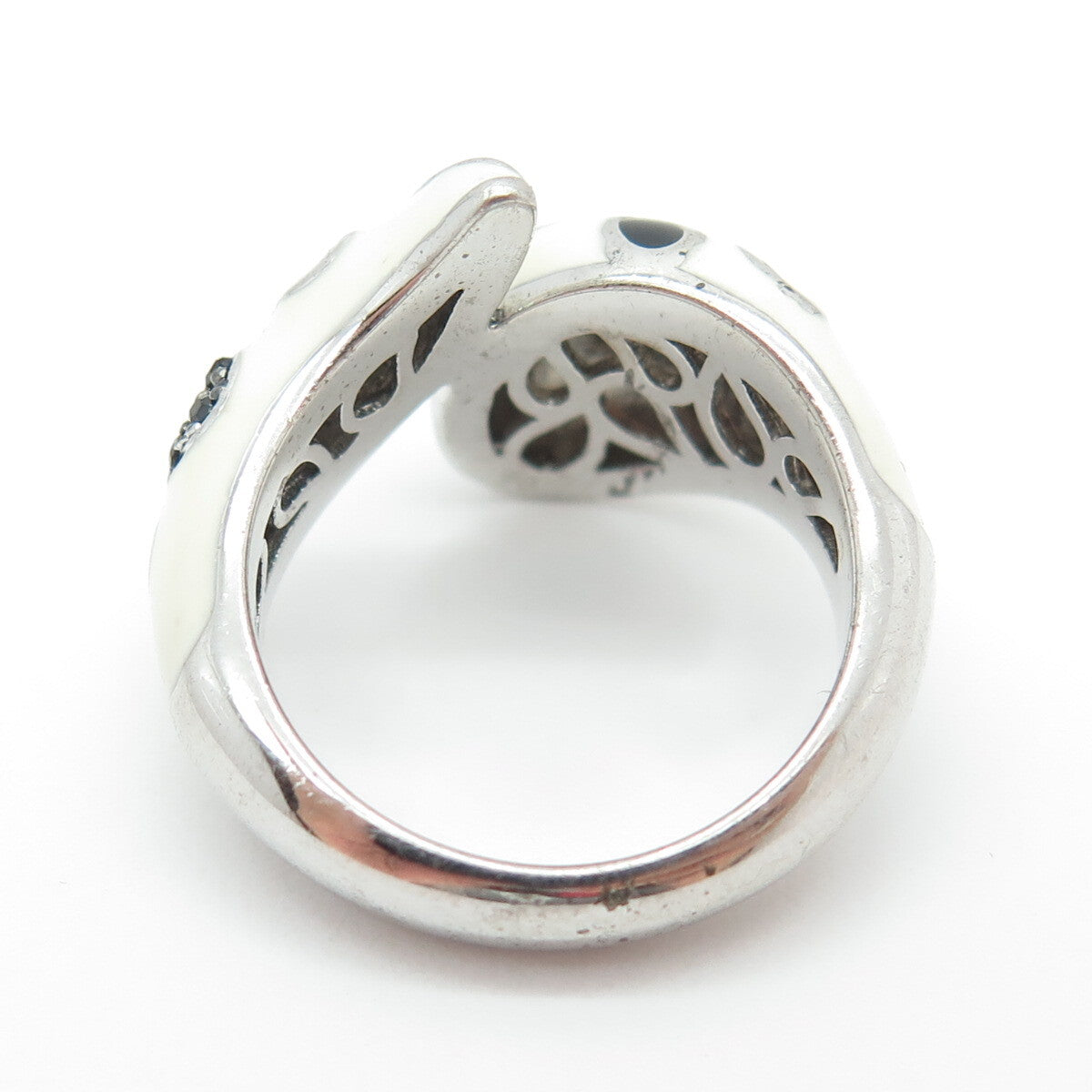 EMA 925 Sterling Silver Enamel & Black Spinel Modernist Ring Size 7