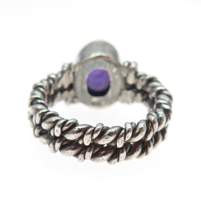 925 Sterling Silver Vintage Real Cabochon Amethyst Oxidized Ring Size 6.5