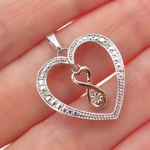 925 Sterling Silver 2-Tone Real Round-Cut Diamond Heart Charm Pendant